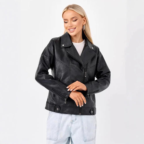 Damen hochwertige Kunstlederjacke im Biker-Stil mit asymmetrischem Reißverschluss R&B