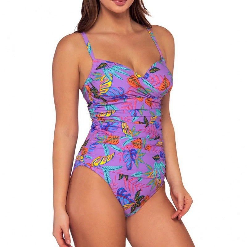 Damen Einteiliger Badeanzug mit floralem Wickeldesign und verstellbaren Trägern R&B