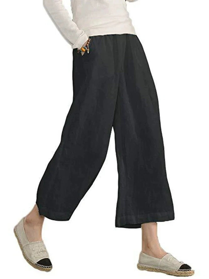 Damen weite Leinenhose mit seitlichen Taschen und elastischem Bund R&B