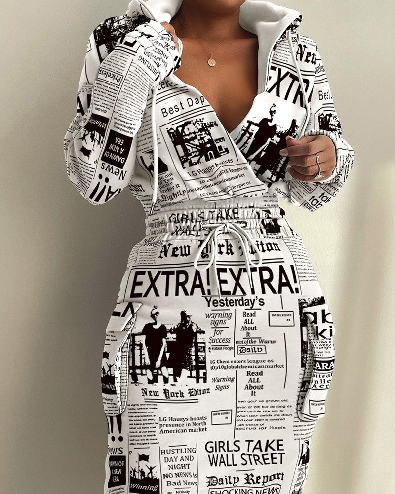 Damen lässiges Set mit modernem Zeitungsdruck R&B