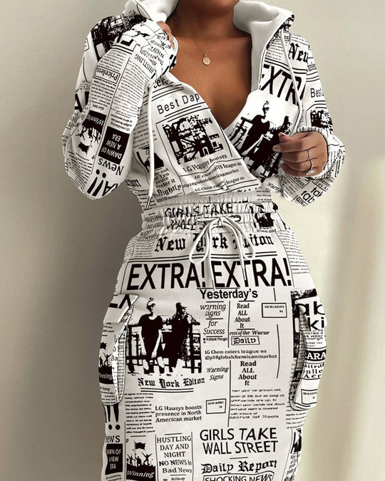 Damen lässiges Set mit modernem Zeitungsdruck R&B
