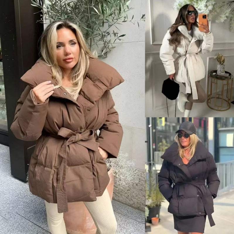 Damen modische Steppjacke mit breitem Revers und taillierbarem Gürtel R&B