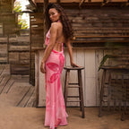 Damen Maxikleid mit tiefem V-Ausschnitt und floralen Akzenten R&B