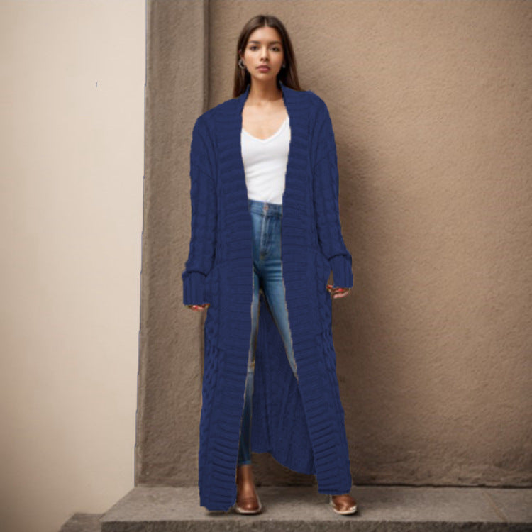 Damen Langer Strickcardigan mit raffiniertem Zopfdesign und praktischen Taschen R&B