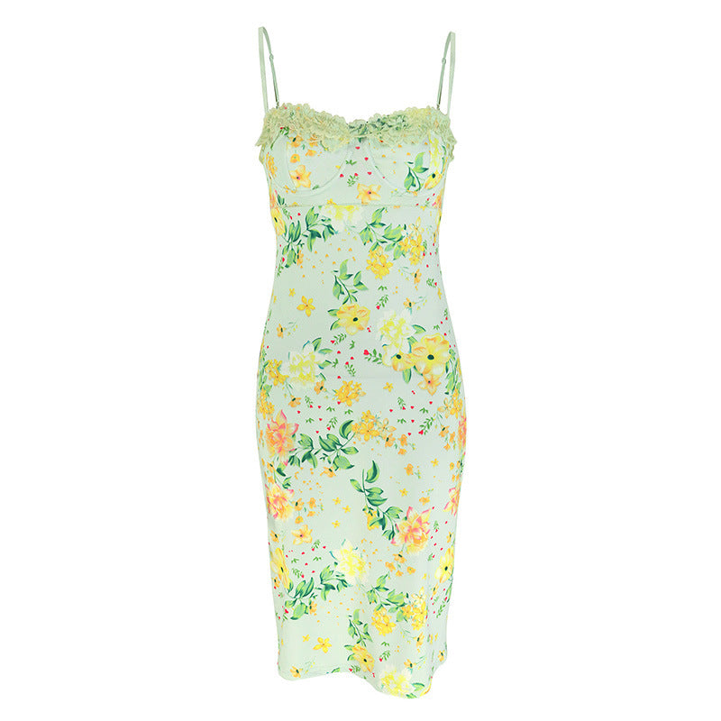 Damen Sommerliches Blumenkleid mit zarter Spitze und Spaghetti-Trägern R&B