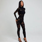 Damen Figurnahes Netz-Jumpsuit mit langem Arm und hohem Kragen R&B