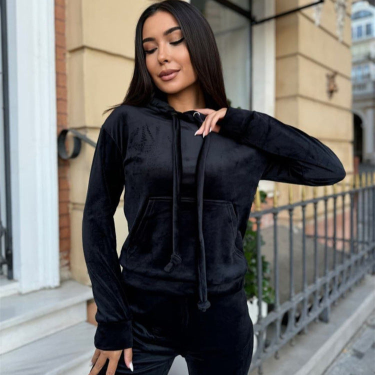 Damen lässiges Fleece-Jogginganzug-Set mit Kapuze und elastischem Bund R&B