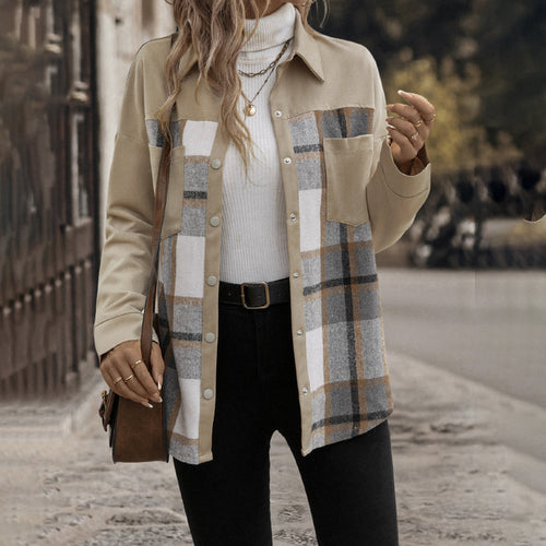 Damen Modische Karoschirtjacke mit Brusttaschen und Knopfleiste R&B