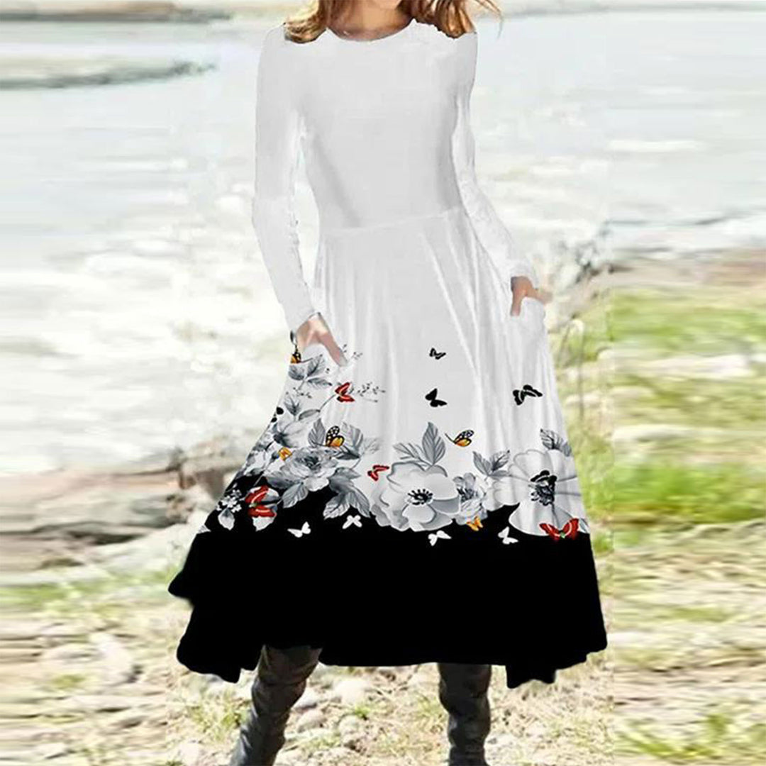 Damen nan fließendes Maxikleid mit Batikkreis-Muster, Rundhalsausschnitt, Taillennaht und Eingrifftaschen R&B