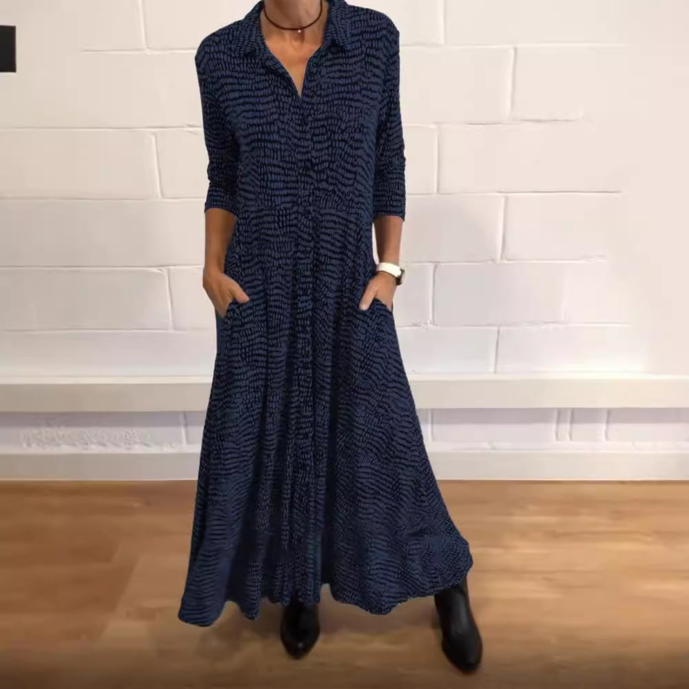 Damen nan fließendes Maxikleid mit Hemdblusenkragen, V-Ausschnitt, dreiviertelärmeln und Seitentaschen R&B