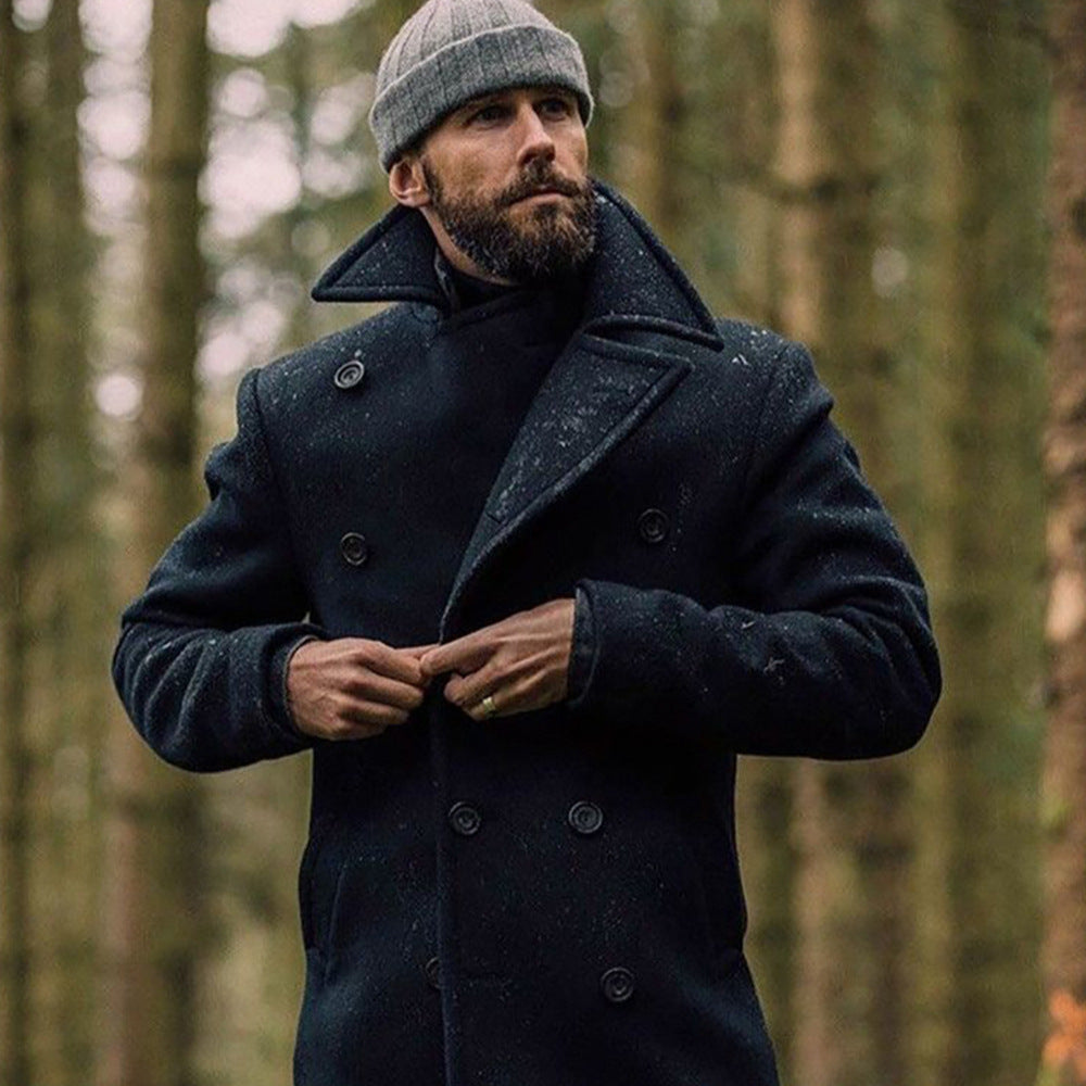 Herren klassischer Doppelreiher-Mantel mit hohem Kragen und edlem Stoff R&B