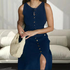 Damen Strickmaxikleid mit Knopfleiste und seitlichen Schlitzen R&B
