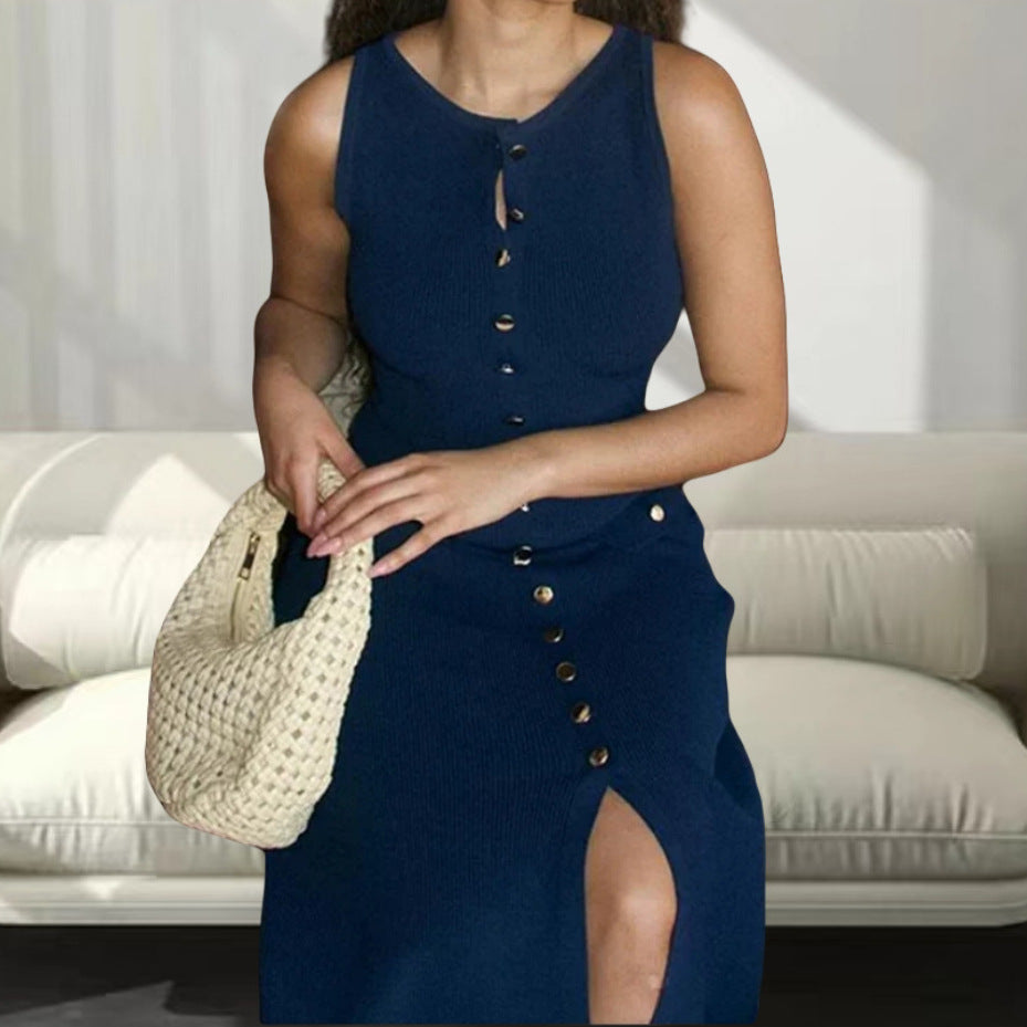Damen Strickmaxikleid mit Knopfleiste und seitlichen Schlitzen R&B