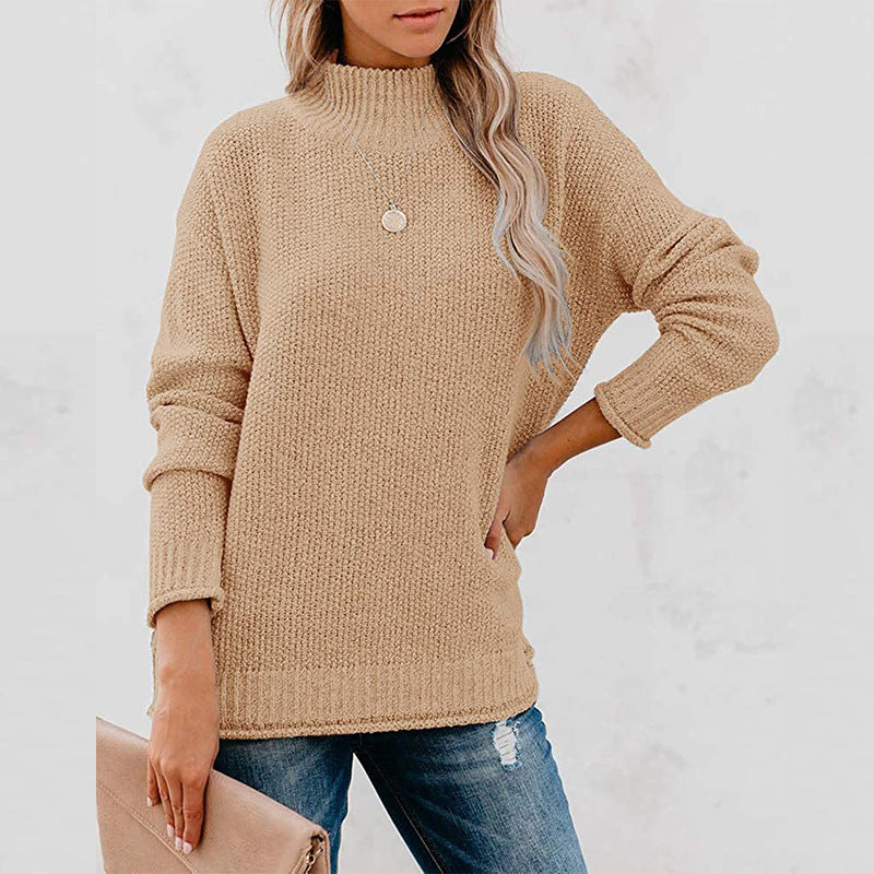 Damen Grobstrickpullover mit hohem Kragen und lässigem Schnitt R&B