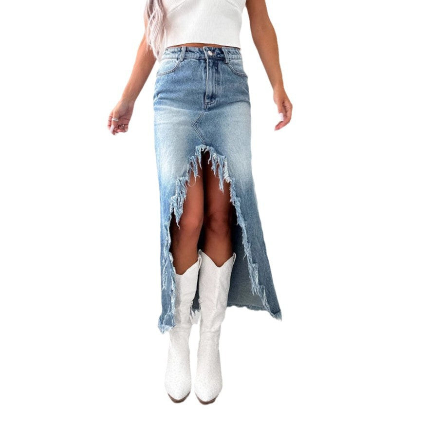 Damen Jeansrock mit asymmetrischem Schlitz und Fransensaum R&B