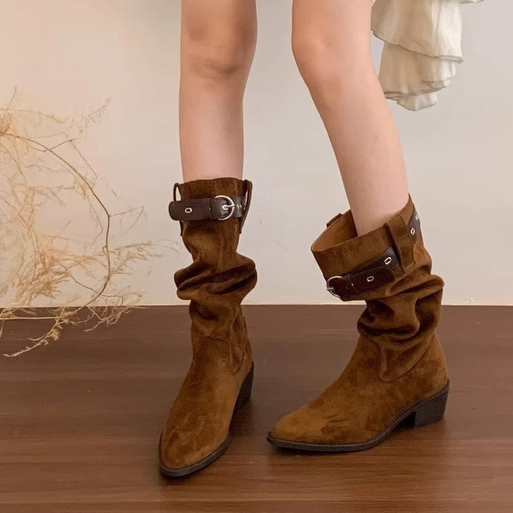 Damen Rustikale Wildleder-Stiefel mit modischem Falten-Design und verstellbarem Riemen R&B