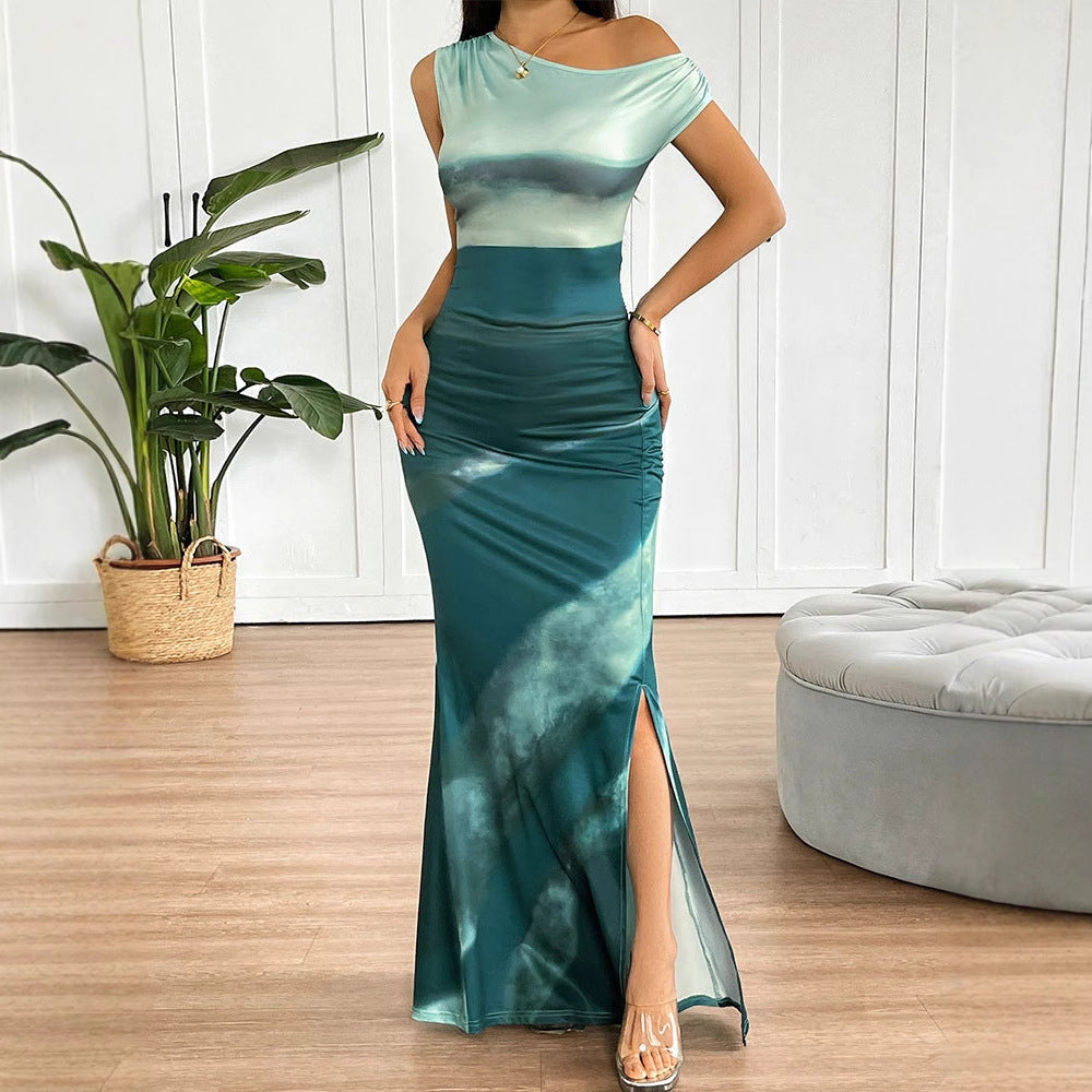 Damen Maxikleid mit asymmetrischem Ausschnitt und fließendem Schnitt R&B