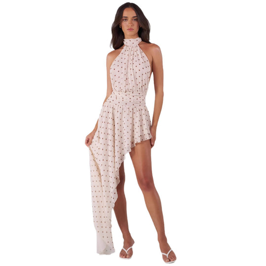 Damen Hochgeschlossenes Minikleid mit asymmetrischem Rock und fließendem Stoff R&B