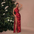 Damen Elegantes One-Shoulder Maxikleid mit drapiertem Design und hohem Schlitz R&B