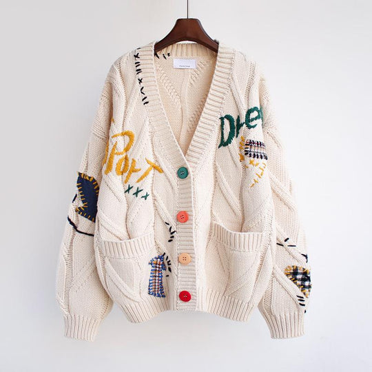 Damen Oversized Strickjacke mit bunten Applikationen R&B