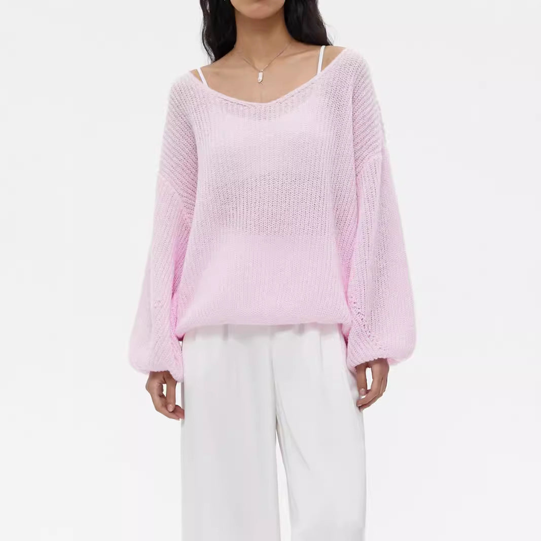 Damen lässiger Strickpullover mit weiten Ärmeln und tiefem V-Ausschnitt R&B