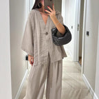 Damen nan entspanntes Zweiteiler-Leinenensemble mit kimonoartiger Oversize-Jacke und weiter Palazzohose R&B