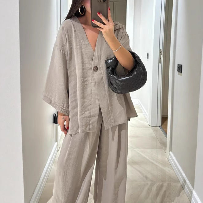 Damen nan entspanntes Zweiteiler-Leinenensemble mit kimonoartiger Oversize-Jacke und weiter Palazzohose R&B