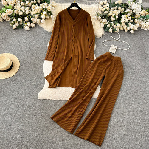Damen elegantes Strickanzug mit V-Ausschnitt und weitem Bein R&B