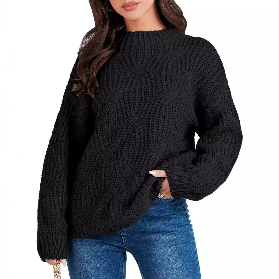 Damen Grobstrickpullover mit extravagantem Wellenmuster und hohem Kragen R&B