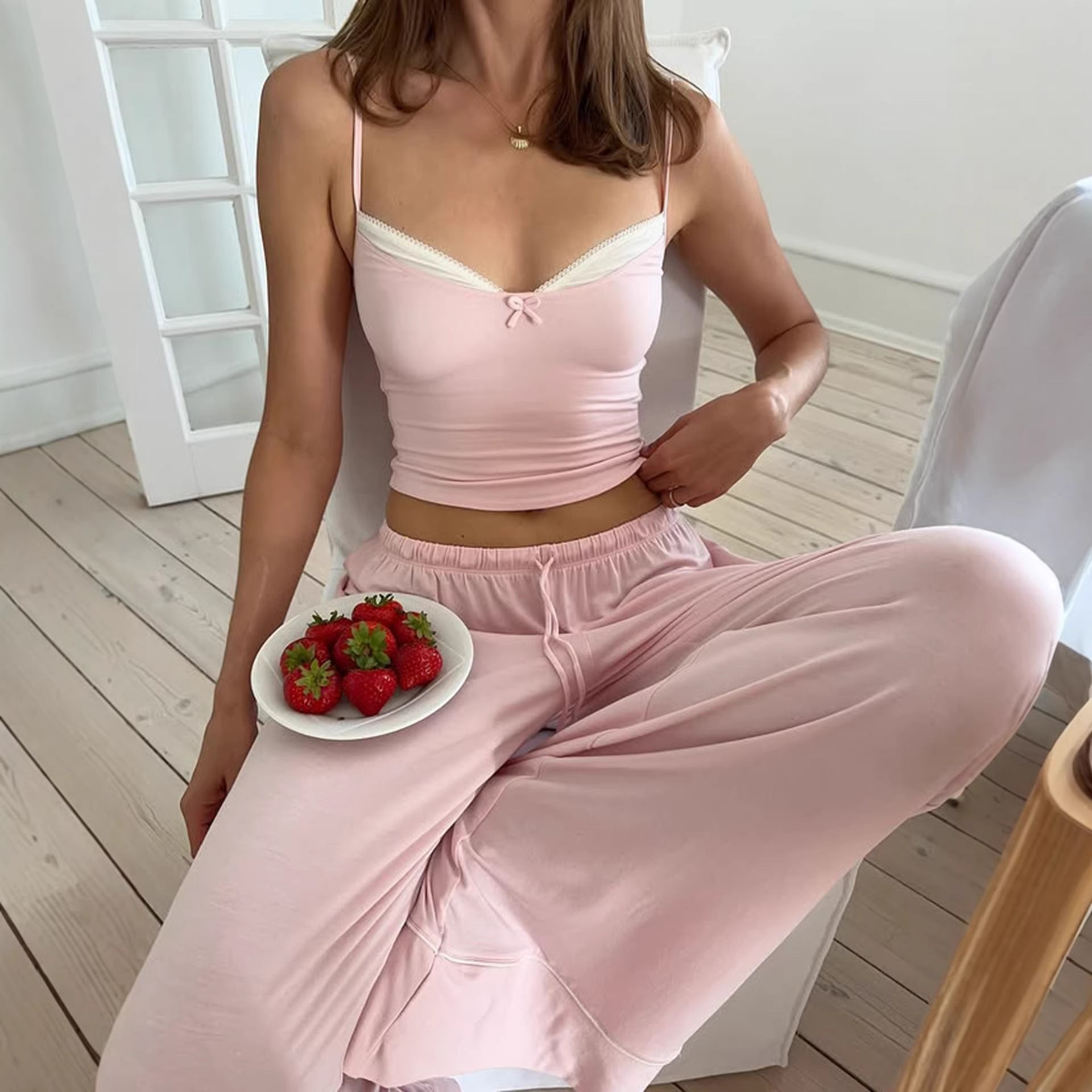 Damen Schlafanzug Set mit Spaghetti-Trägern und weitem Bein R&B