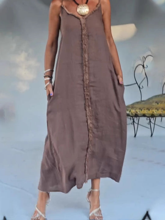 Damen Maxikleid mit feinen Fransen und praktischen Seitentaschen Heidi-Mode