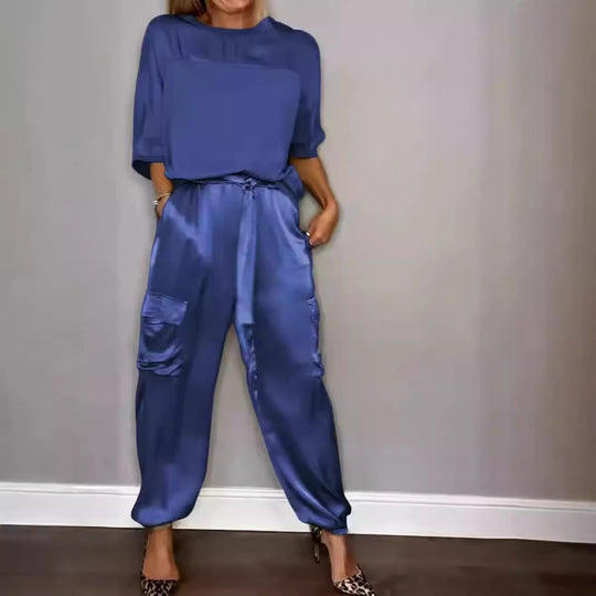 R&B | Solide Farbe glatt Satin Top zweiteilige Set für Frauen