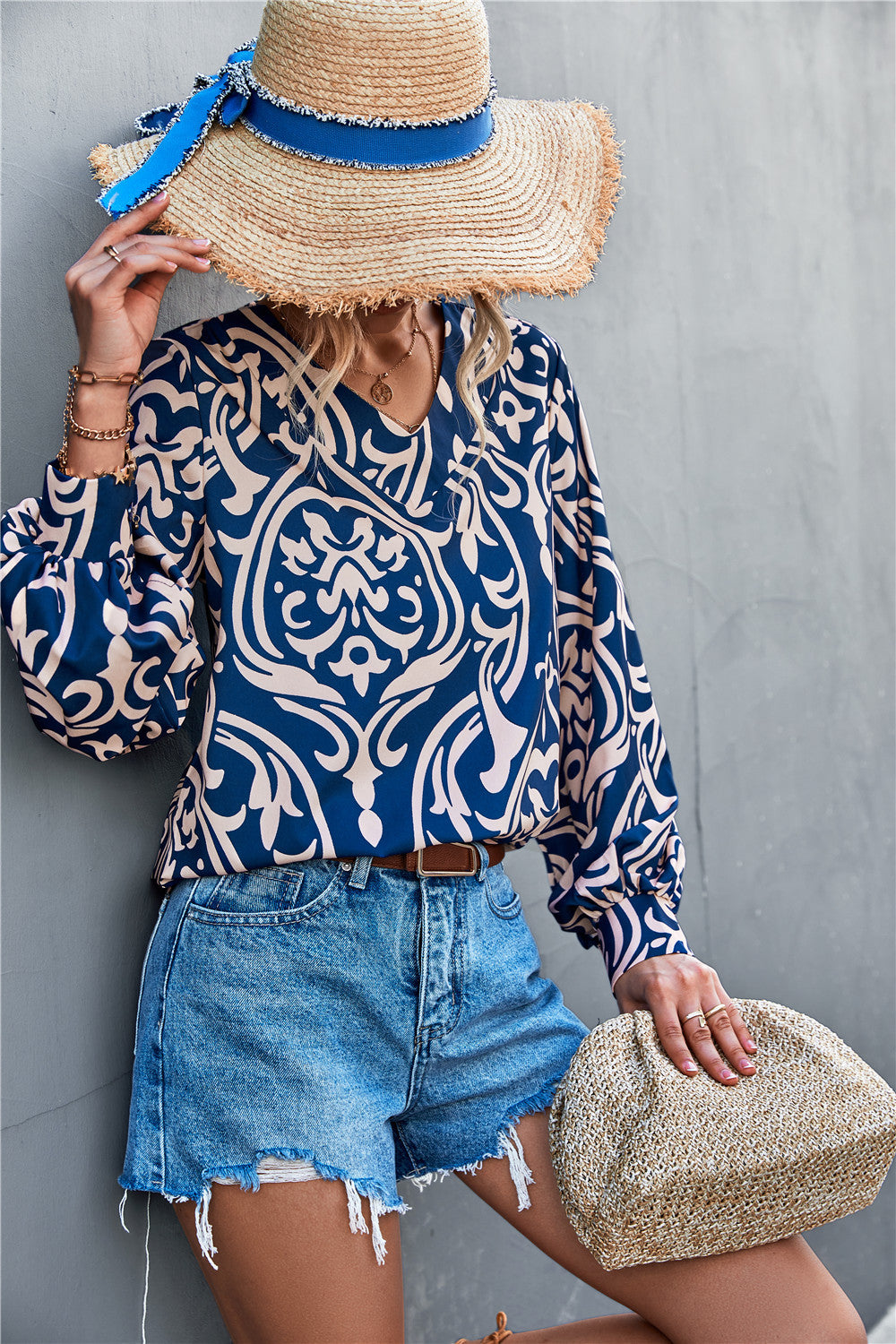 Damen Bluse mit elegantem Barockmuster und lässigen Puffärmeln R&B