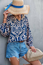 Damen Bluse mit elegantem Barockmuster und lässigen Puffärmeln R&B