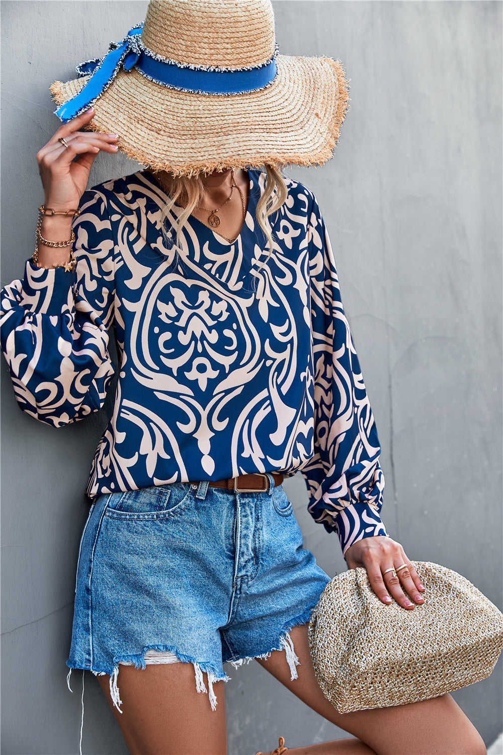 Damen Bluse mit elegantem Barockmuster und lässigen Puffärmeln R&B