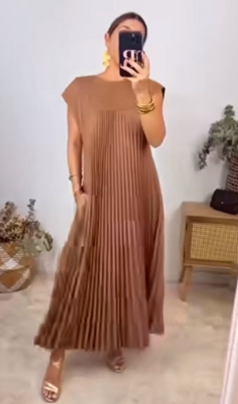 Damen nan fließendes plissiertes Maxikleid mit überschnittenen Schultern und Eingrifftaschen R&B