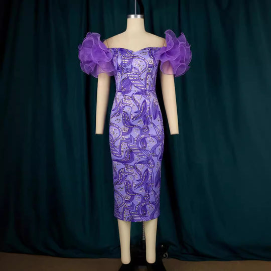 Damen Elegantes Midi-Kleid mit innovativen Puffärmeln und kunstvollem Druck R&B