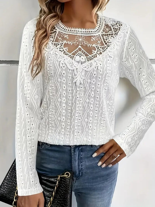 Damen elegante Bluse mit Spitzeneinsätzen und detailliertem Lochmuster R&B