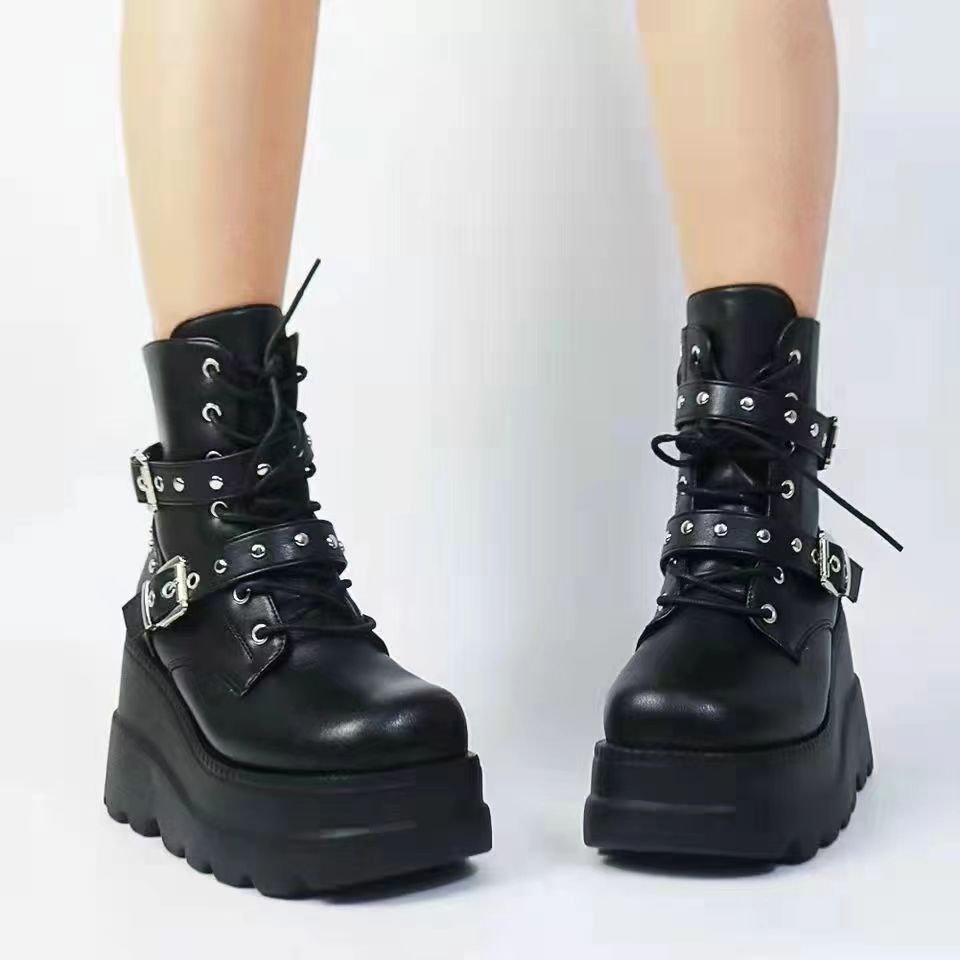 Damen Plateau-Stiefeletten mit modischen Schnallen und robuster Sohle R&B