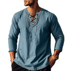 Herren Langarm-Henley-Shirt mit dekorativer Schnürung und lässigem Schnitt R&B