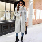 Damen Langer Kunstpelzmantel mit eleganter Kragenverzierung R&B