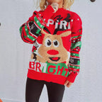 Damen Weihnachtspullover mit fröhlichem Rentier-Motiv und auffälligem Strickmuster R&B
