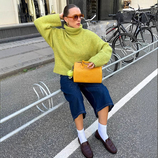Damen gemütlicher Strickpullover mit hohem Kragen und überschnittenen Schultern R&B