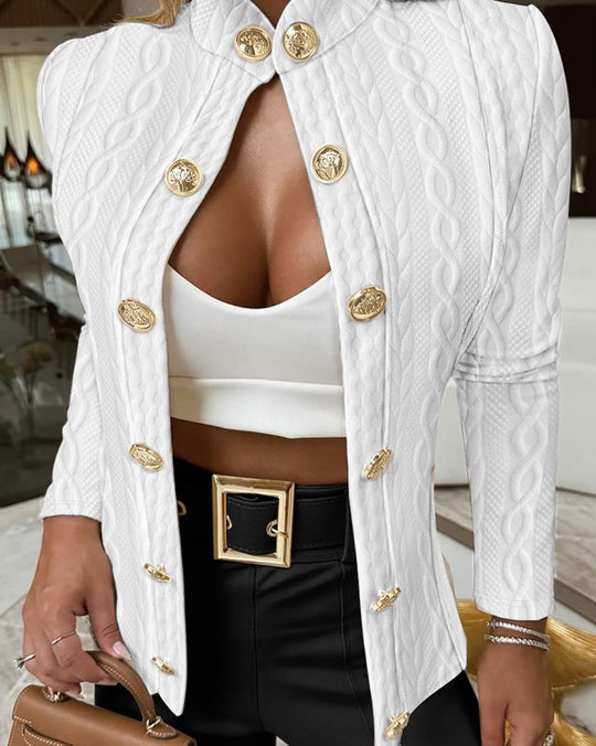 Damen Eleganter Strickblazer mit goldenen Knöpfen und Stehkragen R&B