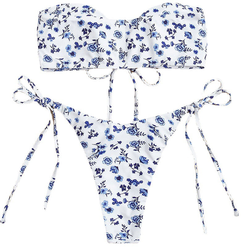Damen Bandeau-Bikini mit floralem Musterdruck und verspielten BindR&Bändern R&B