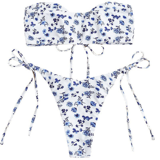 Damen Bandeau-Bikini mit floralem Musterdruck und verspielten Bindebändern R&B