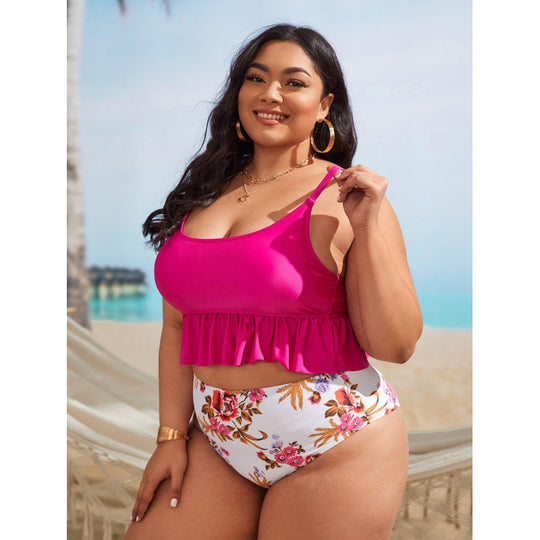 Damen Bikini-Set mit voluminösem Rüschendesign und floralem High-Waist-Slip R&B