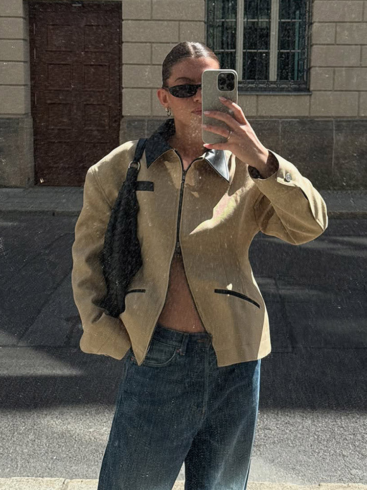 Damen lässige Übergangsjacke mit kontrastierendem Kragen und praktischen Taschen R&B