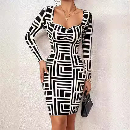 Damen Figurbetontes Langarmkleid mit geometrischem Muster und kreativem Ausschnitt R&B