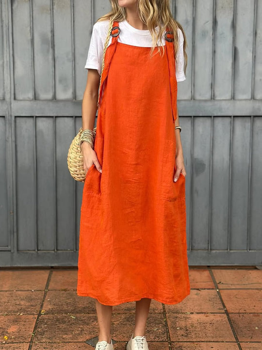 Damen Leichte Leinenkleid mit Taschen R&B